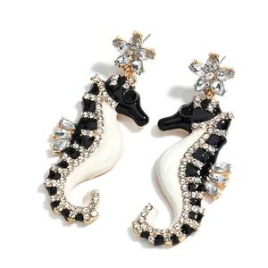 Seahorse Earrings Enameled Black and White  Rhinestones Retro Hypoallergenic